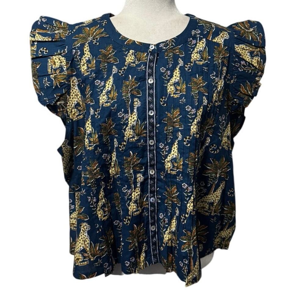 Printfresh Katie Blouse Navy Cheetah Print Pintuck Flutter Sleeve Size 2X NWT
